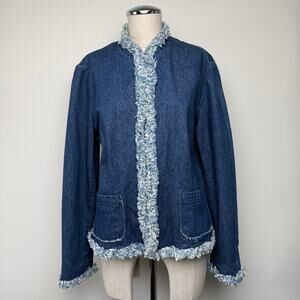Vintage Fringe Trim Denim Blue Jacket Westport Size L Cottagecore Rhinestones
